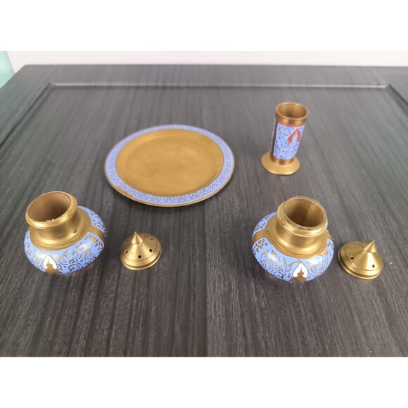 Brass Salt Pepper Shaker Toothpick Holder Tray Etched And Decorated With Enamel - Picture 10 of 10